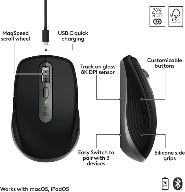Alt view image 7 of 7 - MX Anywhere 3S Mac Compact Wireless Mouse 8K DPI - Space Grey
