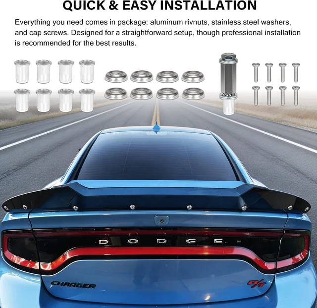 Alt view image 3 of 7 - Venom V2 Rear Wickerbill Spoiler for Dodge Charger 2015-2024 SRT ScatPack Hellcat, Add-on Type 2-Piece Rear Wicker Bill Spoiler with RivNut Tool (Gloss Black)
