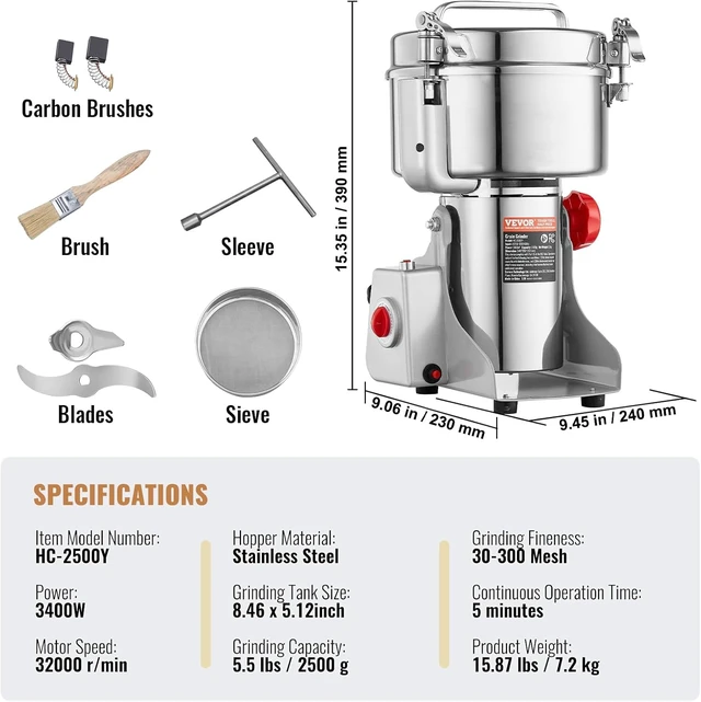 Alt view image 7 of 7 - 2000g Electric Grain Mill Grinder, High Speed 3400W Commercial Spice Grinders, Stainless Steel Pulverizer Powder Machine, for Dry Grains Spices Cereals Coffee Corn Pepper, Swing Type