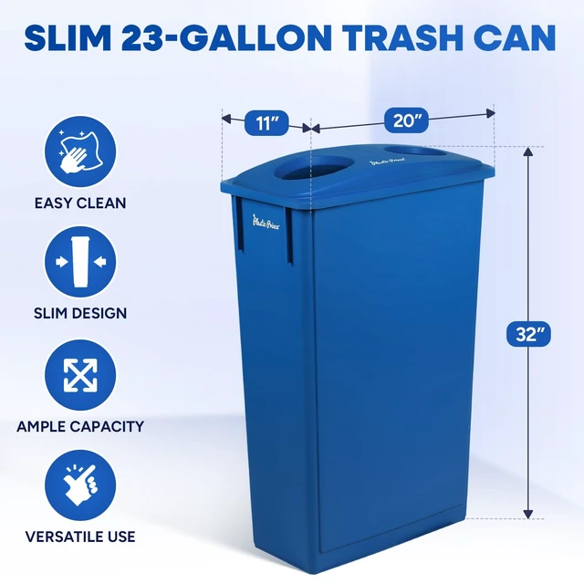 Alt view image 2 of 6 - 23 Gallon Slim Trash Can with Recycling Lid for Bottles and Cans, Blue Commercial Rectangular Garbage Can, Waste Bin for Home Kitchen Office Cabinet