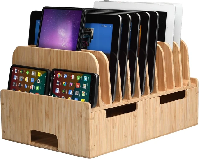 Alt view image 2 of 6 - Bamboo 12-Port Charging Station & Docking Organizer for Smartphones & Tablets, Family-Sized, for use in Corporate Offices & Classrooms