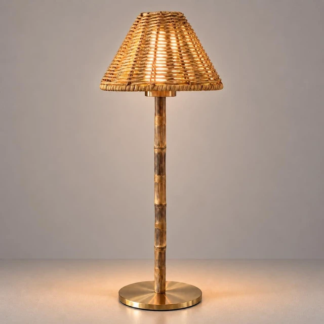 Main image of Bamboo Cordless LED Table Lamp Rechargeable 24-Hour Battery, Dimmable Warm Light, Portable Wireless Lamp with Remote for Indoor/Outdoor Use, Home, Patio, Restaurant (NATURAL RATTAN), 14.95" Tall