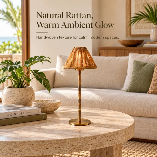 Alt view image 2 of 7 - Bamboo Cordless LED Table Lamp Rechargeable 24-Hour Battery, Dimmable Warm Light, Portable Wireless Lamp with Remote for Indoor/Outdoor Use, Home, Patio, Restaurant (NATURAL RATTAN), 14.95" Tall