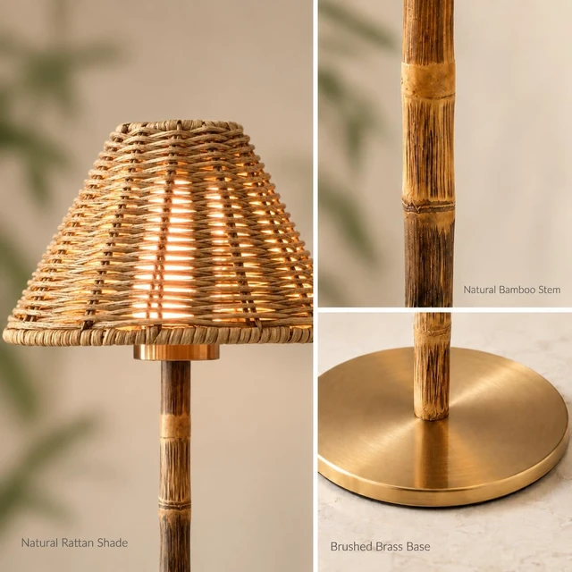 Alt view image 4 of 7 - Bamboo Cordless LED Table Lamp Rechargeable 24-Hour Battery, Dimmable Warm Light, Portable Wireless Lamp with Remote for Indoor/Outdoor Use, Home, Patio, Restaurant (NATURAL RATTAN), 14.95" Tall