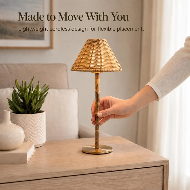 Alt view image 5 of 7 - Bamboo Cordless LED Table Lamp Rechargeable 24-Hour Battery, Dimmable Warm Light, Portable Wireless Lamp with Remote for Indoor/Outdoor Use, Home, Patio, Restaurant (NATURAL RATTAN), 14.95" Tall