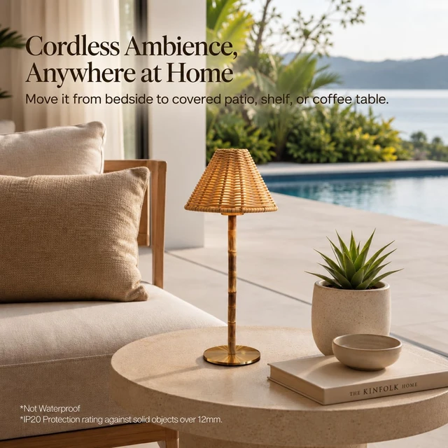 Alt view image 6 of 7 - Bamboo Cordless LED Table Lamp Rechargeable 24-Hour Battery, Dimmable Warm Light, Portable Wireless Lamp with Remote for Indoor/Outdoor Use, Home, Patio, Restaurant (NATURAL RATTAN), 14.95" Tall