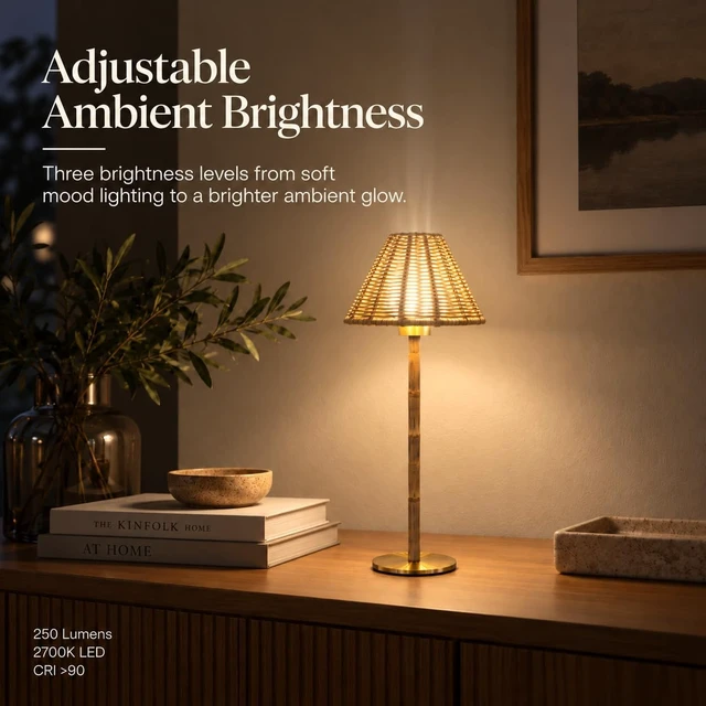 Alt view image 7 of 7 - Bamboo Cordless LED Table Lamp Rechargeable 24-Hour Battery, Dimmable Warm Light, Portable Wireless Lamp with Remote for Indoor/Outdoor Use, Home, Patio, Restaurant (NATURAL RATTAN), 14.95" Tall