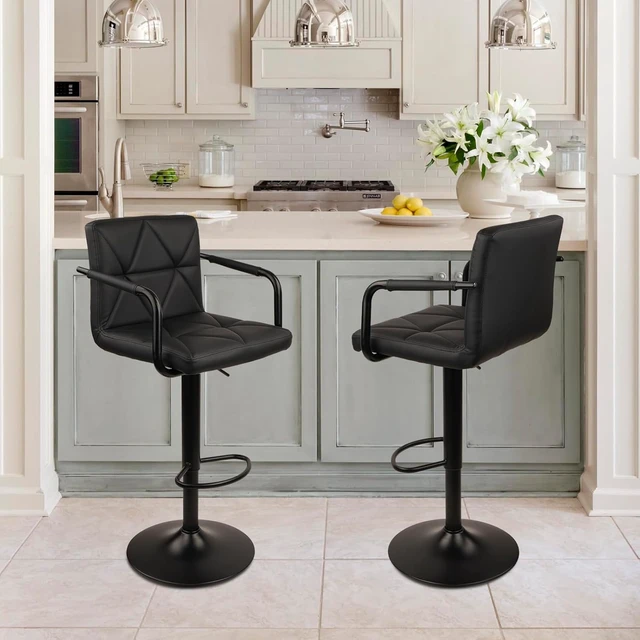Alt view image 2 of 7 - Counter Height Bar Stool PU Leather Adjustable Barstools with Armrest, Backrest and Footrest, Comfortable Tall Stools for Kitchen Island Home Bar, Black