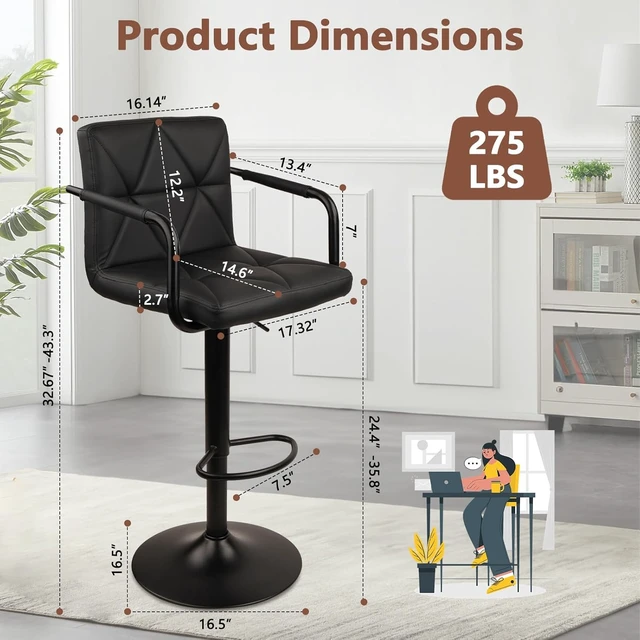 Alt view image 3 of 7 - Counter Height Bar Stool PU Leather Adjustable Barstools with Armrest, Backrest and Footrest, Comfortable Tall Stools for Kitchen Island Home Bar, Black