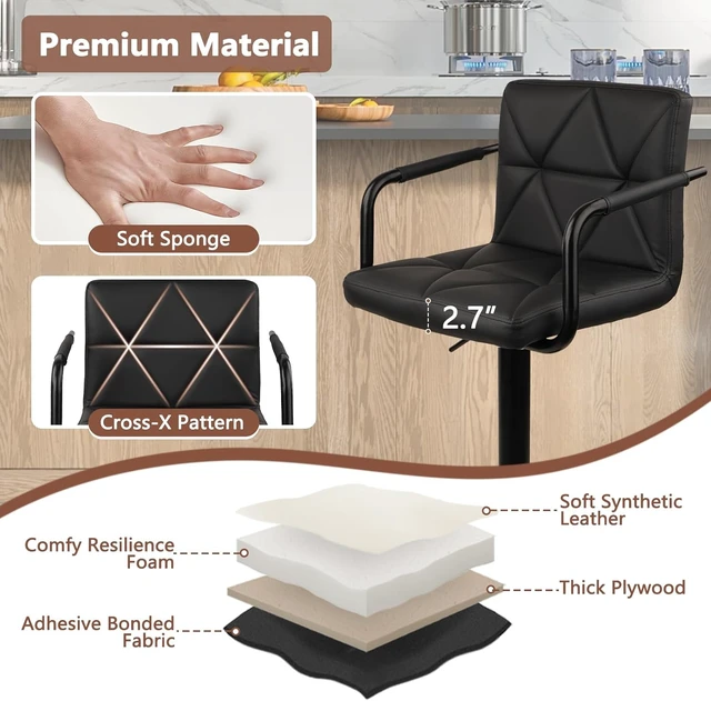 Alt view image 5 of 7 - Counter Height Bar Stool PU Leather Adjustable Barstools with Armrest, Backrest and Footrest, Comfortable Tall Stools for Kitchen Island Home Bar, Black