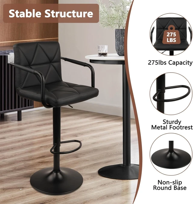 Alt view image 7 of 7 - Counter Height Bar Stool PU Leather Adjustable Barstools with Armrest, Backrest and Footrest, Comfortable Tall Stools for Kitchen Island Home Bar, Black