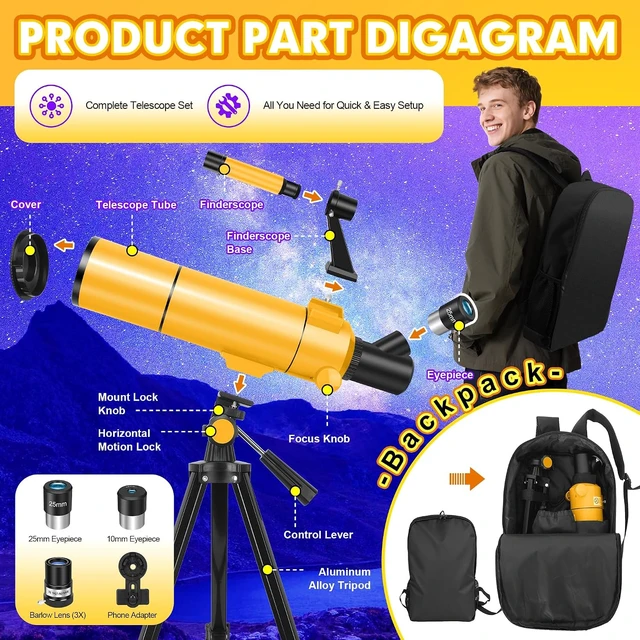 Alt view image 6 of 7 - Telescope for Adults & Kids, 80mm Aperture 500mm Refractor