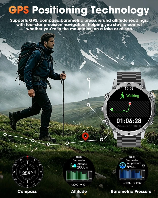 Alt view image 3 of 7 - GPS Smart Watch for Men, 100-Day Battery, Bluetooth Call with Flashlight