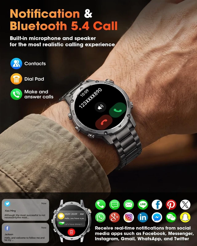 Alt view image 4 of 7 - GPS Smart Watch for Men, 100-Day Battery, Bluetooth Call with Flashlight