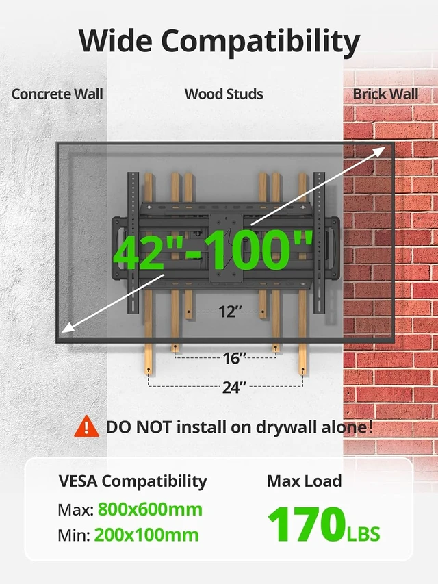 Alt view image 2 of 7 - 85 86 90 98 100 inch Heavy Duty Full Motion TV Wall Mount for 42-100" TVs, TV Mount with Swivel, Tilt & Leveling, Wall Mount Bracket Up to 170lbs, Max VESA 800x600mm, Fits 16/18/24" Studs.