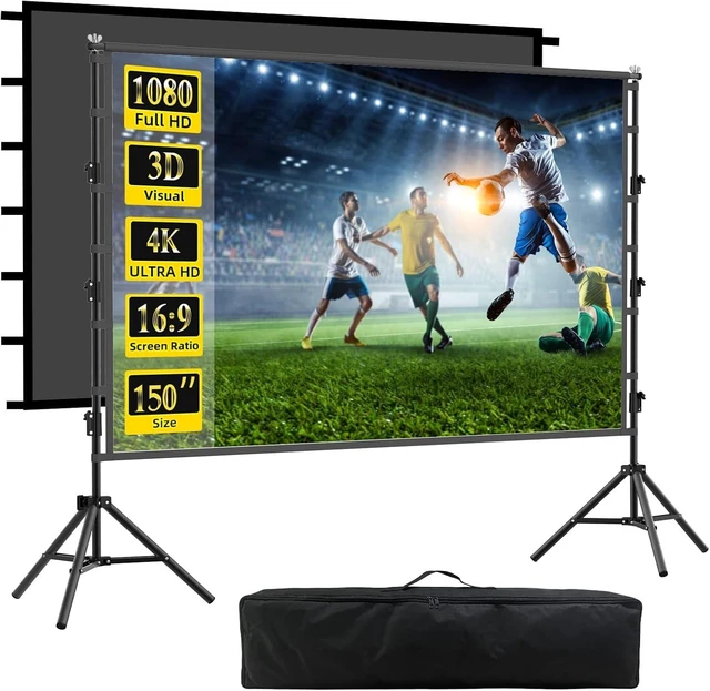 Main image of Outdoor Projector Screen with Stand, 150 inch Indoor Movie Screen 16:9 4K Rear Front Portable Projection Screen, Quick Setup Foldable Travel Home Theater Screen with Carry Bag for Backyard Camping