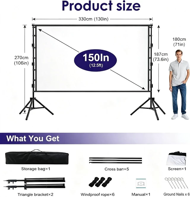 Alt view image 6 of 7 - Outdoor Projector Screen with Stand, 150 inch Indoor Movie Screen 16:9 4K Rear Front Portable Projection Screen, Quick Setup Foldable Travel Home Theater Screen with Carry Bag for Backyard Camping