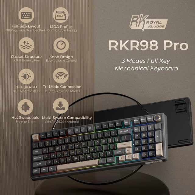 Alt view image 2 of 7 - R98 Pro Wireless Mechanical Keyboard, Creamy Bluetooth/2.4GHz/Wired RGB Gaming Keyboard with Number Pad and Knob, MDA Profile PBT Keycaps, Gasket Hot Swappable Linear Switch, Black