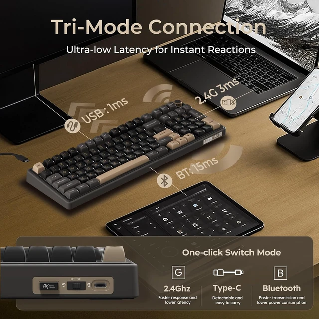 Alt view image 3 of 7 - R98 Pro Wireless Mechanical Keyboard, Creamy Bluetooth/2.4GHz/Wired RGB Gaming Keyboard with Number Pad and Knob, MDA Profile PBT Keycaps, Gasket Hot Swappable Linear Switch, Black