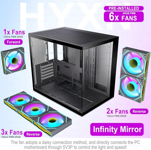 Alt view image 4 of 7 - H3 ATX PC Case - Pre-Installed with 6 Infinity Mirror PWM ARGB Fans - Compact Dual Cavity Mid-Tower PC Gaming Case - with Type-C 3.2-360mm Radiator Support