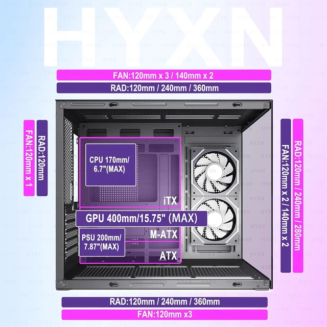 Alt view image 6 of 7 - H3 ATX PC Case - Pre-Installed with 6 Infinity Mirror PWM ARGB Fans - Compact Dual Cavity Mid-Tower PC Gaming Case - with Type-C 3.2-360mm Radiator Support