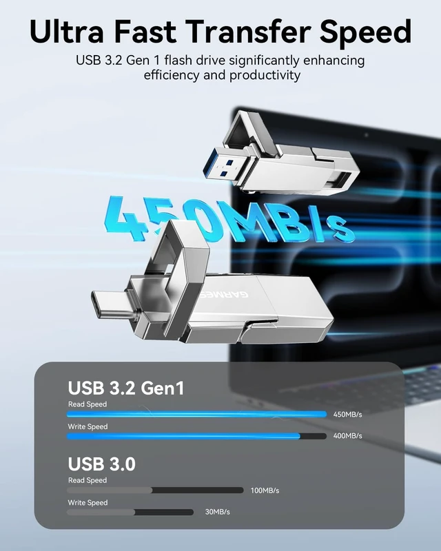 Alt view image 2 of 7 - 512GB USB C SSD Flash Drive, USB 3.2, 450MB/s, 2-in-1 Dual Port
