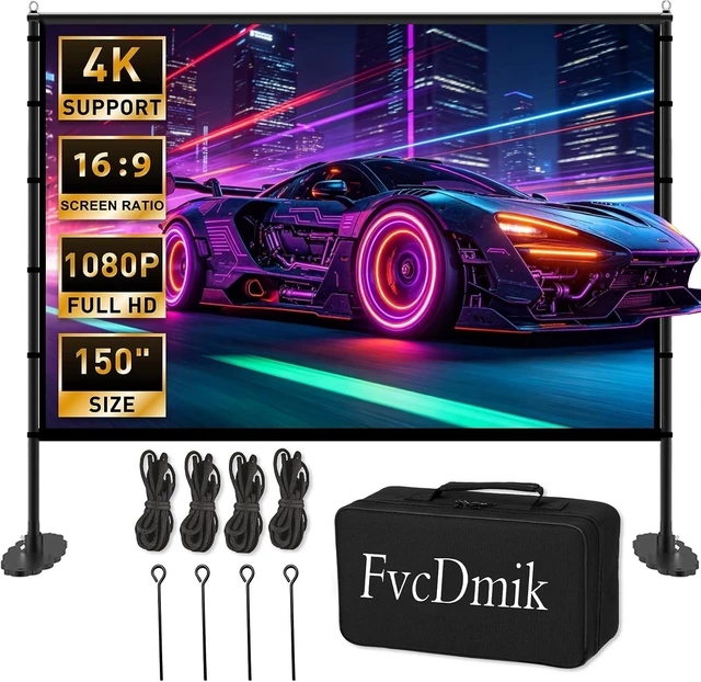 Main image of 150 inch Projector Screen with Stand, 16:9 4K HD Portable Outdoor Movie Screen, Wrinkle-Free Foldable Indoor Projection Screen with Carry Bag & Ground Nails for Backyard Cinema Home Theater