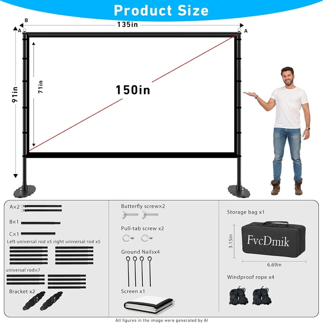 Alt view image 7 of 7 - 150 inch Projector Screen with Stand, 16:9 4K HD Portable Outdoor Movie Screen, Wrinkle-Free Foldable Indoor Projection Screen with Carry Bag & Ground Nails for Backyard Cinema Home Theater