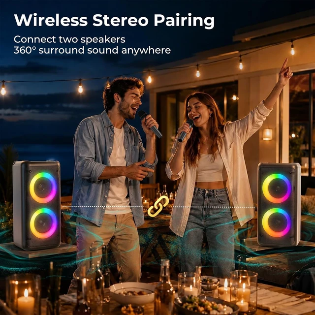 Alt view image 4 of 7 - Bluetooth Speaker with 2 Wireless Microphones, 30W Big Party Speaker for Adults Kid Karaoke with Lights, Portable 6000mAh Large Battery Speaker Support TWS/AUX/USB/TF Card for Home Party Gift