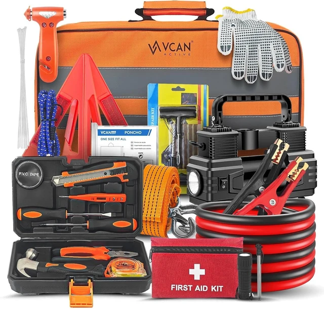 Main image of Car Emergency Kit with Portable Air Compressor, First Aid Kit, Jumper Cables, Roadside Safety Emergency Tool Kit for Women, Men, Teen