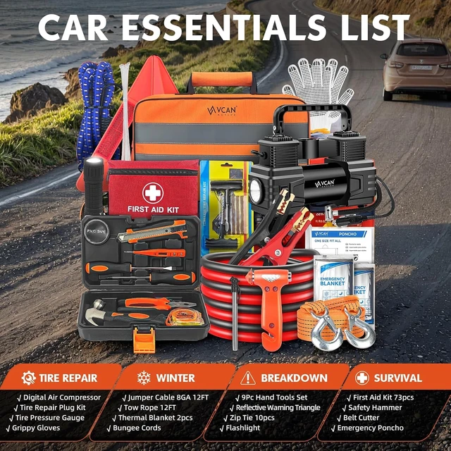Alt view image 6 of 7 - Car Emergency Kit with Portable Air Compressor, First Aid Kit, Jumper Cables, Roadside Safety Emergency Tool Kit for Women, Men, Teen