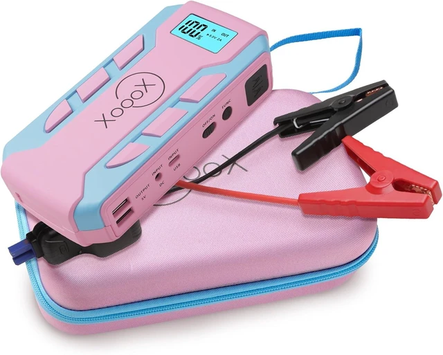 Main image of Pink Portable Car Battery Jump Starter Kit with Jumper Cables, LED Light and Case; 12V Jump Start Battery Pack; Portable Battery Charger for USB/USB-C Devices