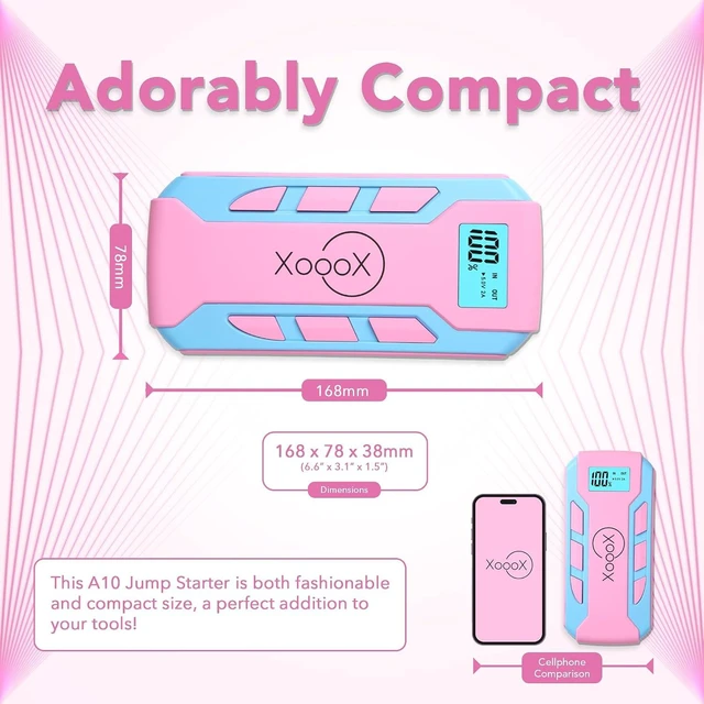 Alt view image 2 of 7 - Pink Portable Car Battery Jump Starter Kit with Jumper Cables, LED Light and Case; 12V Jump Start Battery Pack; Portable Battery Charger for USB/USB-C Devices