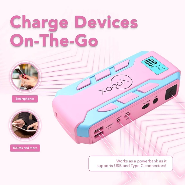Alt view image 4 of 7 - Pink Portable Car Battery Jump Starter Kit with Jumper Cables, LED Light and Case; 12V Jump Start Battery Pack; Portable Battery Charger for USB/USB-C Devices