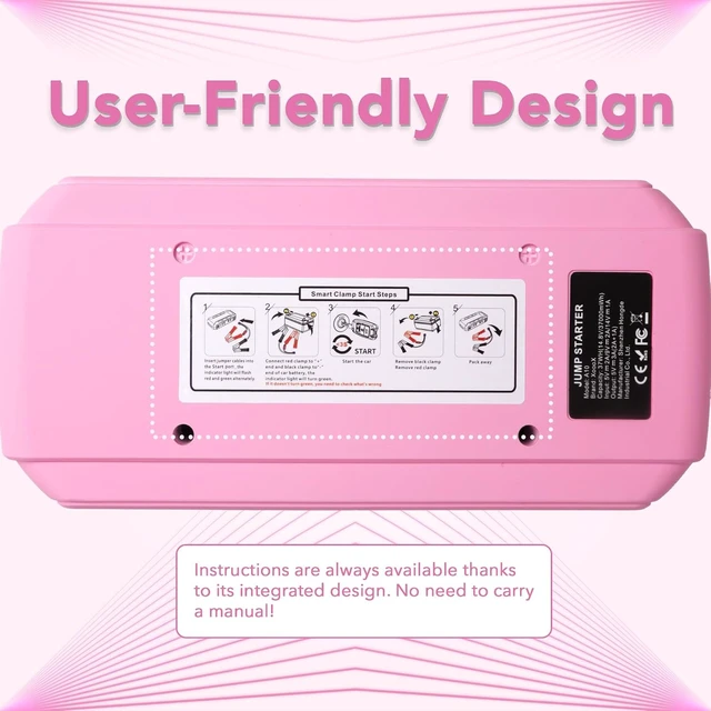 Alt view image 5 of 7 - Pink Portable Car Battery Jump Starter Kit with Jumper Cables, LED Light and Case; 12V Jump Start Battery Pack; Portable Battery Charger for USB/USB-C Devices