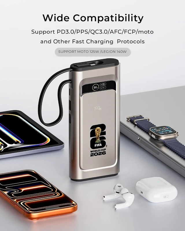 Alt view image 7 of 7 - 2026 FIFA Licensed 190W 20000mAh Power Bank for Laptop Portable Charger,3-Port USB-C Fast Charging Battery Pack with Built-in USB-C Cables for MacBook,Cell Phones,iPhone 17,iPad,Android,