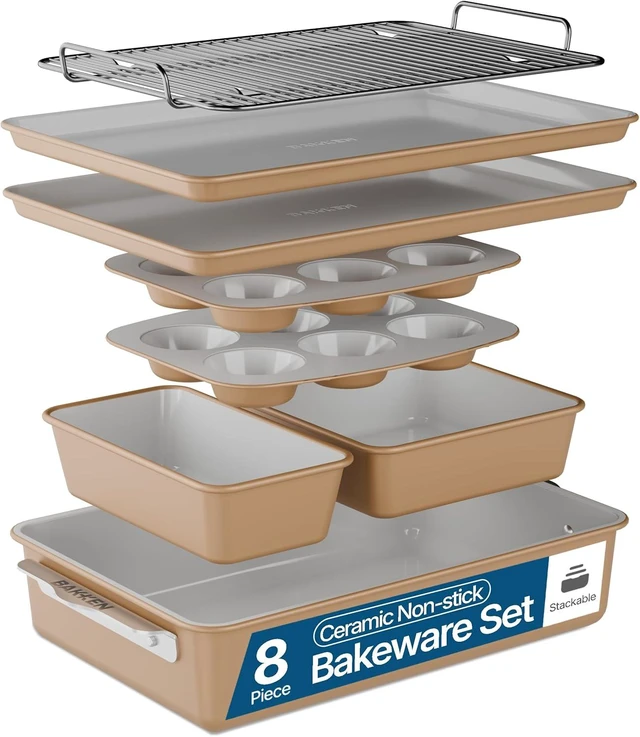 Main image of Bakken 8-Piece Stackable Bakeware Set Ceramic Non-Stick, Oven-Safe Baking Sheets & Pans, PTFE/PFOA/PFOS-Free, Ergonomic Handles, Includes Cooling Rack Healthy, Non-Toxic Baking Essentials, Gold
