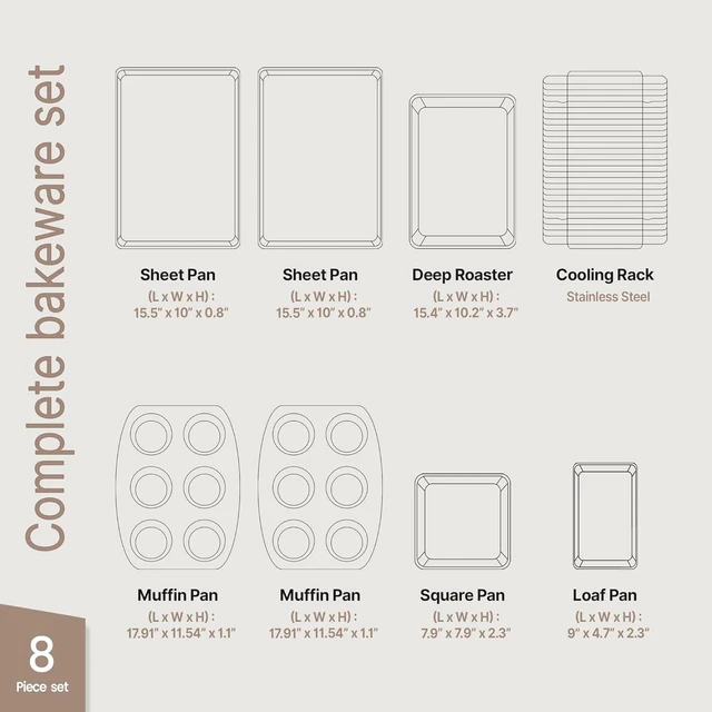 Alt view image 2 of 7 - Bakken 8-Piece Stackable Bakeware Set Ceramic Non-Stick, Oven-Safe Baking Sheets & Pans, PTFE/PFOA/PFOS-Free, Ergonomic Handles, Includes Cooling Rack Healthy, Non-Toxic Baking Essentials, Gold