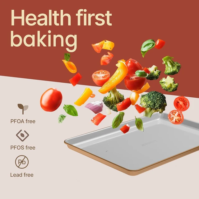 Alt view image 6 of 7 - Bakken 8-Piece Stackable Bakeware Set Ceramic Non-Stick, Oven-Safe Baking Sheets & Pans, PTFE/PFOA/PFOS-Free, Ergonomic Handles, Includes Cooling Rack Healthy, Non-Toxic Baking Essentials, Gold