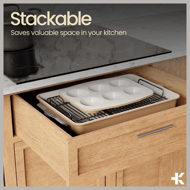 Alt view image 5 of 7 - Bakken 8-Piece Stackable Bakeware Set Ceramic Non-Stick, Oven-Safe Baking Sheets & Pans, PTFE/PFOA/PFOS-Free, Ergonomic Handles, Includes Cooling Rack Healthy, Non-Toxic Baking Essentials, Gold