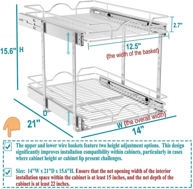 Alt view image 2 of 7 - 2 Tier Pull Out Cabinet Organizer (14" W x 21" D), Pull Out Drawers for Kitchen Cabinets, Pull Out Shelves for Base Cabinet Organization in Kitchen Bathroom Pantry, Chrome Finish