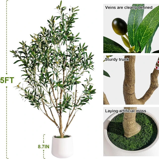 Alt view image 2 of 7 - 5FT Faux Olive Tree with White Pot & Moss, Artificial Olive Tree Indoor Outdoor, PE/PVC Leaves, Realistic Resin Trunk Large Fake Olive Tree Artificial Plants Indoor, Faux Plants Indoor for Home Decor