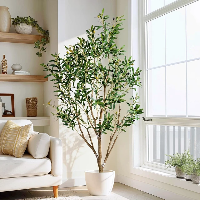 Alt view image 3 of 7 - 5FT Faux Olive Tree with White Pot & Moss, Artificial Olive Tree Indoor Outdoor, PE/PVC Leaves, Realistic Resin Trunk Large Fake Olive Tree Artificial Plants Indoor, Faux Plants Indoor for Home Decor