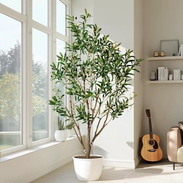 Alt view image 5 of 7 - 5FT Faux Olive Tree with White Pot & Moss, Artificial Olive Tree Indoor Outdoor, PE/PVC Leaves, Realistic Resin Trunk Large Fake Olive Tree Artificial Plants Indoor, Faux Plants Indoor for Home Decor