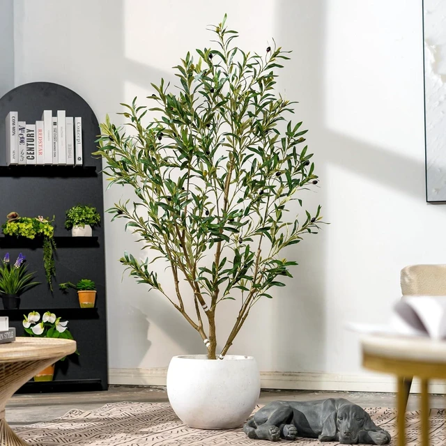 Alt view image 6 of 7 - 5FT Faux Olive Tree with White Pot & Moss, Artificial Olive Tree Indoor Outdoor, PE/PVC Leaves, Realistic Resin Trunk Large Fake Olive Tree Artificial Plants Indoor, Faux Plants Indoor for Home Decor