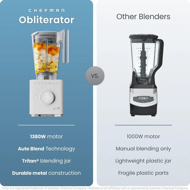Alt view image 2 of 7 - Obliterator 48 oz Countertop Blender for Smoothies, 1380W Motor to Crush Ice, Nuts, and Frozen Fruit with Stainless Steel Blade, Auto Blend Function, Includes Tamper and Scraper