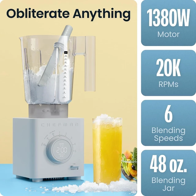 Alt view image 3 of 7 - Obliterator 48 oz Countertop Blender for Smoothies, 1380W Motor to Crush Ice, Nuts, and Frozen Fruit with Stainless Steel Blade, Auto Blend Function, Includes Tamper and Scraper