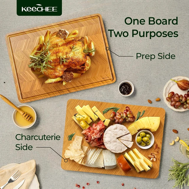 Alt view image 5 of 7 - Bamboo Cutting Board, Reversible Wood Cutting Boards for Kitchen with Juice Grooves, Atelier Collection Handcrafted Large Serving Tray, Luxury Housewarming Wedding Gifts for New Home