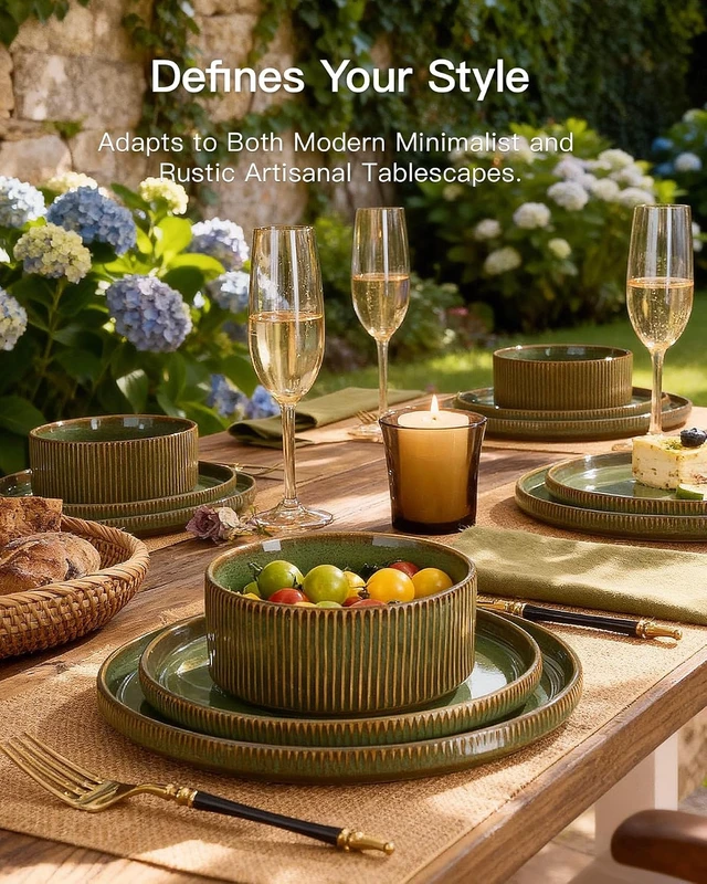 Alt view image 2 of 7 - Dinnerware Set for 4, Reactive Glaze Plates and Bowls Sets