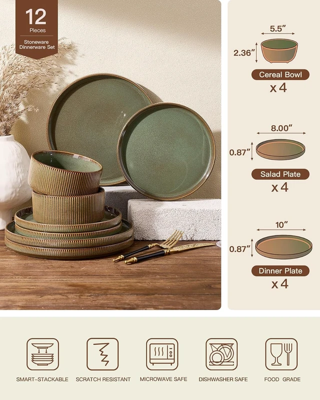 Alt view image 7 of 7 - Dinnerware Set for 4, Reactive Glaze Plates and Bowls Sets